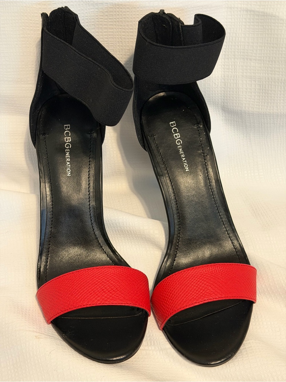 BCBGeneration Black and Red Open-Toe Ankle-Strap Heels